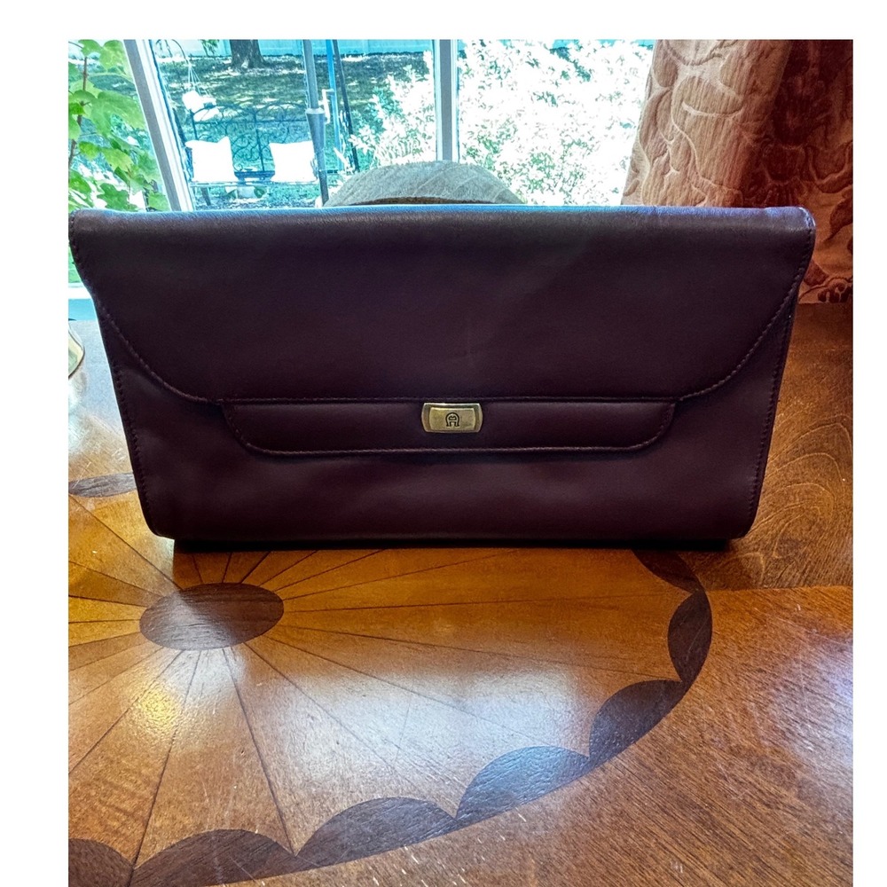 Vintage Aigner Leather Clutch Bag Burgundy Oxblood Gold Logo Hardware